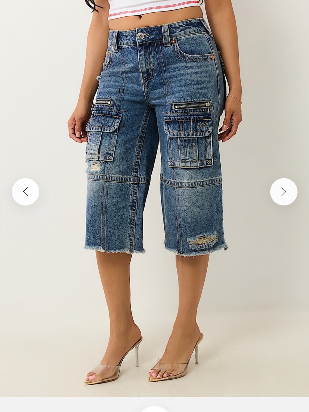 True Religion Women's Distressed Blue Cargo Jean Shorts